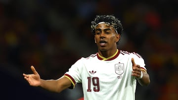 Soccer Football - International Friendly - Spain v Egypt - RCDE Stadium, Cornella de Llobregat, Spain - March 31, 2026 Spain's Lamine Yamal reacts REUTERS/Albert Gea