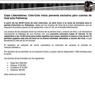 Colo Colo abre venta de entradas para duelo contra Palmeiras