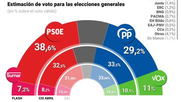 Estimación de voto para las elecciones generales recogida en la 'encuesta flash situación política española' publicada por el Instituto de Investigaciones Sociológicas (CIS) el 29 de abril de 2024.
29 ABRIL 2024
Europa Press
29/04/2024