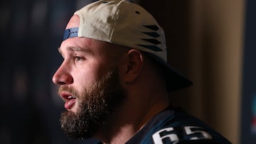 PHOENIX, ARIZONA - FEBRUARY 08: Lane Johnson #65 of the Philadelphia Eagles speaks to the media during the Philadelphia Eagles media availability prior to Super Bowl LVII on February 08, 2023 in Phoenix, Arizona.   Rob Carr/Getty Images/AFP (Photo by Rob Carr / GETTY IMAGES NORTH AMERICA / Getty Images via AFP)