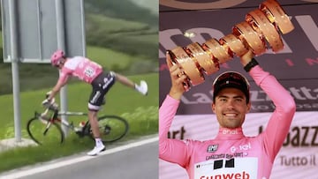 Tom Dumoulin se baja de la bicicleta tras sufrir un apret&oacute;n en la etapa del Stelvio del Giro de Italia 2017, donde se hizo con el t&iacute;tulo.