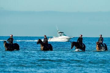 Miembros del equipo Snowden de equitación se preparan en la playa de Altona, en Australia, de cara a su participación en la Melbourne Cup, la tradicional carrera de caballos que se disputa todos los años el primer martes de noviembre desde 1861 y que es tildada como la carrera que para a una nación.