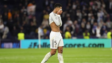 Real Madrid's English midfielder #05 Jude Bellingham reacts after the UEFA Champions League league phase day 6 football match between Real Madrid CF and Manchester City at Santiago Bernabeu Stadium in Madrid on December 10, 2025. (Photo by Thomas COEX / AFP)