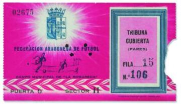 Detalle de una entrada para el tercer partido de desempate de la semifinal de la Copa de Europa de 1959 entre el Real Madrid y el Atl¨¦tico de Madrid en la Romareda.