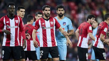 Bilbao, northern Spain, Saturday, March, 16, 2019. Raul Garcia, Diego Costa during the Spanish La Liga soccer match between Athletic Club Bilbao and Atletico de Madrid at San Mames stadium.