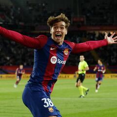Soccer Football - LaLiga - FC Barcelona v Athletic Bilbao - Estadi Olimpic Lluis Companys, Barcelona, Spain - October 22, 2023 FC Barcelona's Marc Guiu celebrates scoring their first goal REUTERS/Albert Gea