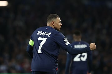 Kylian Mbappe celebrates scoring his team's second goal during the UEFA Champions League last 16 second leg 