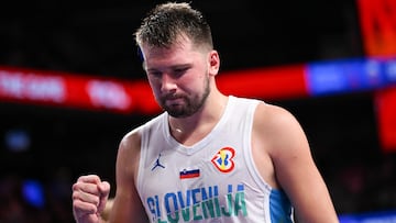 Slovenia�s Luka Doncic celebrates the victory after the FIBA Basketball World Cup group K match between Slovenia and Australia at Okinawa Arena in Okinawa on September 1, 2023. (Photo by Yuichi YAMAZAKI / AFP)