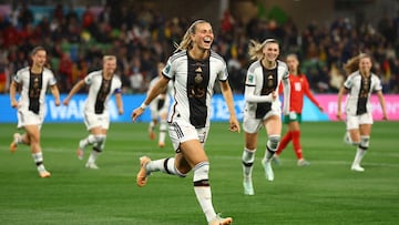 Soccer Football - FIFA Women’s World Cup Australia and New Zealand 2023 - Group H - Germany v Morocco - Melbourne Rectangular Stadium, Melbourne, Australia - July 24, 2023 Germany's Klara Buhl celebrates scoring their third goal REUTERS/Hannah Mckay