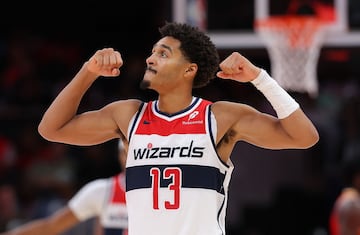 ATLANTA, GEORGIA - OCTOBER 28: Jordan Poole #13 of the Washington Wizards reacts as Bilal Coulibaly #0 draws a foul against the Atlanta Hawks during the fourth quarter at State Farm Arena on October 28, 2024 in Atlanta, Georgia. NOTE TO USER: User expressly acknowledges and agrees that, by downloading and/or using this photograph, user is consenting to the terms and conditions of the Getty Images License Agreement.   Kevin C. Cox/Getty Images/AFP (Photo by Kevin C. Cox / GETTY IMAGES NORTH AMERICA / Getty Images via AFP)