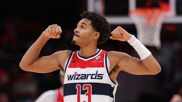 ATLANTA, GEORGIA - OCTOBER 28: Jordan Poole #13 of the Washington Wizards reacts as Bilal Coulibaly #0 draws a foul against the Atlanta Hawks during the fourth quarter at State Farm Arena on October 28, 2024 in Atlanta, Georgia. NOTE TO USER: User expressly acknowledges and agrees that, by downloading and/or using this photograph, user is consenting to the terms and conditions of the Getty Images License Agreement. Kevin C. Cox/Getty Images/AFP (Photo by Kevin C. Cox / GETTY IMAGES NORTH AMERICA / Getty Images via AFP)