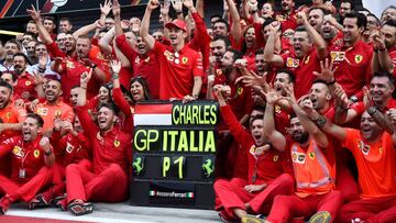 Formula One F1 - Italian Grand Prix - Circuit of Monza, Monza, Italy - September 8, 2019 Ferrari's Charles Leclerc celebrates winning the race with team mates REUTERS/Massimo Pinca