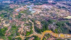 This handout picture released by Antioquia's Government shows an aerial view of a forest destroyed by illegal miners in Bajo Cauca, Antioquia department, Colombia, on March 6, 2023. - Illegal miners blocked roads and harassed communities in northwest Colombia Monday, on the fifth day of protests against a government crackdown on their operations, the governor of the Antioquia department said. (Photo by Antioquia Government / AFP) (Photo by -/Antioquia Government/AFP via Getty Images)