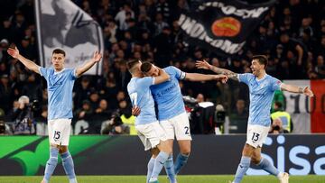 Soccer Football - Serie A - Lazio v Juventus - Stadio Olimpico, Rome, Italy - April 8, 2023 Lazio's Nicolo Casale, Ciro Immobile, Sergej Milinkovic-Savic and Alessio Romagnoli celebrate after the match REUTERS/Guglielmo Mangiapane