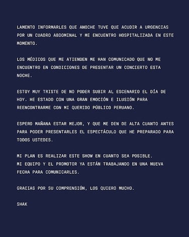 El motivo de la cancelacin del concierto de Shakira en Per: qu le ocurre a la cantante y por qu est?hospitalizada