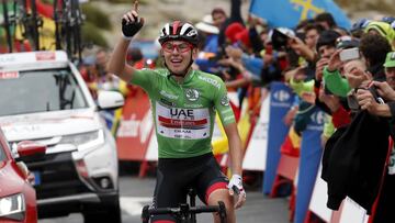 Tadej Pogacar celebra su victoria en Plataforma de Gredos en la 20ª etapa de la Vuelta a España 2019.