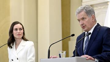 Finland's Prime Minister Sanna Marin and Finland's President Sauli Niinisto attend a joint news conference on Finland's security policy decisions at the Presidential Palace in Helsinki, Finland.