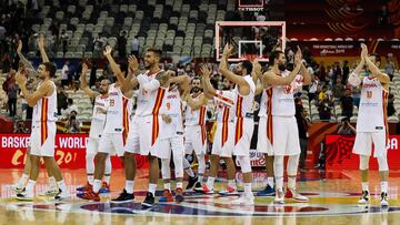 SHANGHAI, CHINA - SEPTEMBER 10: Players of Spain celebrate after defeating Poland during the quarter final match between Spain and Poland of 2019 FIBA World Cup at Shanghai Oriental Sports Center on September 10, 2019 in Shanghai, China. (Photo by Yifan D