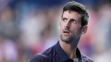 Tokyo (Japan), 05/10/2019.- Novak Djokovic of Serbia reacts while playing against David Goffin of Belgium during the men's singles semifinal match at the Japan Open Tennis Championships in Tokyo, Japan, 05 October 2019. (Tenis, Bélgica, Japón, Tokio) EFE/EPA/KIYOSHI OTA