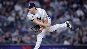 Sep 21, 2023; Bronx, New York, USA; New York Yankees starting pitcher Gerrit Cole (45) follows through on a pitch against the Toronto Blue Jays during the fifth inning at Yankee Stadium. Mandatory Credit: Brad Penner-USA TODAY Sports