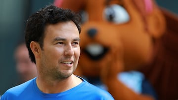 F1 driver Sergio Perez participates in a soccer match with friends and other athletes organised by Telcel, at Plaza Carso in Mexico City, Mexico October 23, 2025. REUTERS/Raquel Cunha