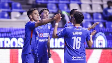Jose Antonio Paradela celebrates his goal 1-0 with Gabriel Fernandez of Cruz Azul during the 3rd round match between Cruz Azul and Puebla as part of the Liga BBVA MX, Torneo Clausura 2026 at Cuauhtemoc Stadium, on January 17, 2026 in Puebla, Mexico.