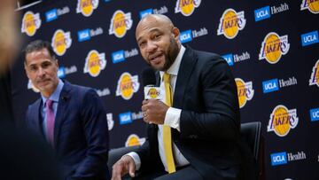 El Segundo, CA - June 06: New Los Angeles Lakers head coach Darvin Ham, with Lakers general manager Rob Pelinka, at the UCLA Health Training Center, in El Segundo, CA,  Monday, June 6, 2022.  (Jay L. Clendenin / Los Angeles Times via Getty Images)
