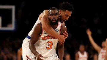 NEW YORK, NY - NOVEMBER 15: Tim Hardaway Jr. #3 of the New York Knicks is congratulated by teammate Courtney Lee #5 after Hardaway Jr. hit a three point shot in the final minutes of the game against the Utah Jazz at Madison Square Garden on November 15, 2017 in New York City. NOTE TO USER: User expressly acknowledges and agrees that, by downloading and or using this Photograph, user is consenting to the terms and conditions of the Getty Images License Agreement   Elsa/Getty Images/AFP
 == FOR NEWSPAPERS, INTERNET, TELCOS &amp; TELEVISION USE ONLY ==