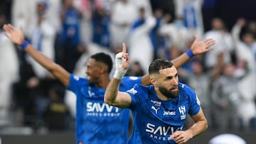Soccer Football - Saudi Pro League - Al Hilal v Al Kholood - Kingdom Arena, Riyadh, Saudi Arabia - April 8, 2026 Al Hilal's Karim Benzema celebrates scoring their second goal REUTERS/Stringer