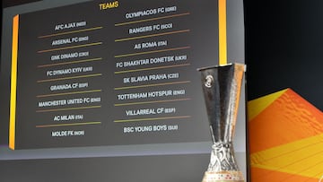 This handout picture provided by the UEFA shows the UEFA Europa League football cup prior to the draw for the round of 16 of the UEFA Europa League football tournament at the UEFA headquarters in Nyon on February 26, 2021. (Photo by Harold Cunningham / UE