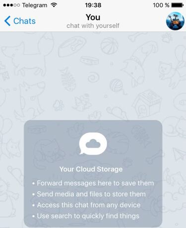 Novedades Telegram, chatea contigo mismo y almacena cosas en tu espacio