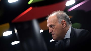 (FILES) In this file photo taken on October 21, 2020 the president of Spanish La Liga Javier Tebas is pictured during an AFP interview in Madrid. - La Liga, the body that manages professional football in Spain, announced on May 21, 2022 in a statement tha