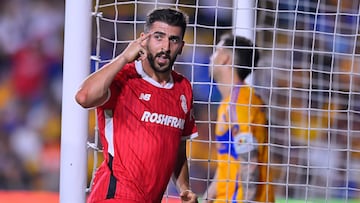 Joao Dias celebrates his goal 1-1 of Toluca during the Semi-Final first leg match between Tigres UANL and Toluca as part of the Liga BBVA MX, Torneo Clausura 2025 at Universitario Stadium on May 14, 2025 in Monterrey, Nuevo Leon, Mexico.
