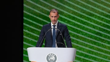 UEFA president Aleksander Ceferin addresses the 50th UEFA Ordinary Congress in Brussels on February 12, 2026. (Photo by Pau BARRENA / AFP)