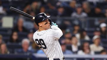 NEW YORK, NEW YORK - AUGUST 21: Aaron Judge #99 of the New York Yankees hits his second home run of the game in the seventh inning against the Cleveland Guardians at Yankee Stadium on August 21, 2024 in New York City. Mike Stobe/Getty Images/AFP (Photo by Mike Stobe / GETTY IMAGES NORTH AMERICA / Getty Images via AFP)