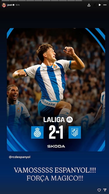 En sus redes sociales J.J. Watt compartía con alegría esta foto celebrando la victoria del RCD Espanyol. 