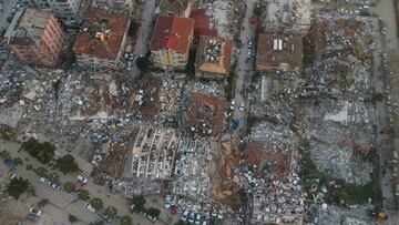 An aerial view shows collapsed and damaged buildings following an earthquake in Hatay, Turkey February 7, 2023. REUTERS/Umit Bektas