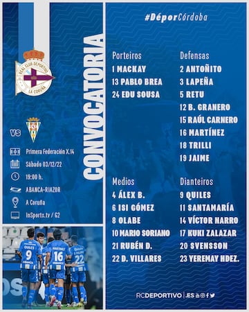 Lista de convocados del Deportivo ante el Córdoba