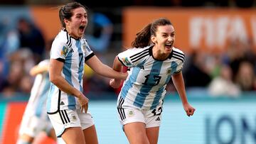 Dunedin (New Zealand), 21/07/2023.- Braun Sophia (R) and Nunez Romina (L) of Argentina celebrates after scoring during the FIFA Women's World Cup group G soccer match between Argentina and South Africa, in Dunedin, New Zealand, 28 July 2023. (Mundial de Fútbol, Nueva Zelanda, Sudáfrica) EFE/EPA/RITCHIE B. TONGO
