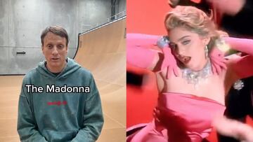 El skater Tony Hawk a la izquierda, con letras que pone The Madonna, explicando el origen de su truco de skate con ese nombre y la cantante, Madonna, a la derecha. 