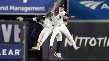 NEW YORK, NEW YORK - APRIL 23: Juan Soto #22, Aaron Judge #99 and Alex Verdugo #24 of the New York Yankees celebrate a 4-3 win over the Oakland Athletics at Yankee Stadium on April 23, 2024 in New York City. Mike Stobe/Getty Images/AFP (Photo by Mike Stobe / GETTY IMAGES NORTH AMERICA / Getty Images via AFP)