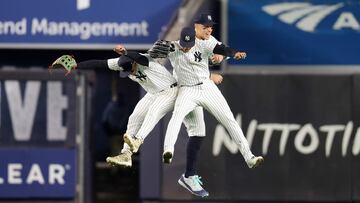 NEW YORK, NEW YORK - APRIL 23: Juan Soto #22, Aaron Judge #99 and Alex Verdugo #24 of the New York Yankees celebrate a 4-3 win over the Oakland Athletics at Yankee Stadium on April 23, 2024 in New York City.   Mike Stobe/Getty Images/AFP (Photo by Mike Stobe / GETTY IMAGES NORTH AMERICA / Getty Images via AFP)