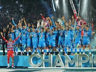 Jun 1, 2025; Mexico City, MEX; Cruz Azul celebrate the win against the Vancouver Whitecaps FC during the final of the Concacaf Champions Cup at Estadio Olímpico Universitario. Mandatory Credit: Kirby Lee-Imagn Images