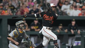 May 12, 2023; Baltimore, Maryland, USA; Baltimore Orioles center fielder Cedric Mullins (31) hits swings through a eighth inning three run homerun against the Pittsburgh Pirates at Oriole Park at Camden Yards. Mandatory Credit: Tommy Gilligan-USA TODAY Sports