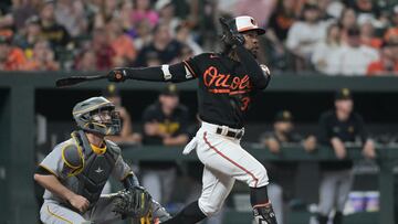 May 12, 2023; Baltimore, Maryland, USA; Baltimore Orioles center fielder Cedric Mullins (31) hits swings through a eighth inning three run homerun against the Pittsburgh Pirates  at Oriole Park at Camden Yards. Mandatory Credit: Tommy Gilligan-USA TODAY Sports