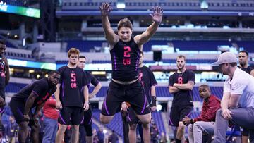 INDIANAPOLIS, IN - MARCH 03: Wyoming quarterback Josh Allen competes in the broad jump during the NFL Combine at Lucas Oil Stadium on March 3, 2018 in Indianapolis, Indiana. Joe Robbins/Getty Images/AFP
== FOR NEWSPAPERS, INTERNET, TELCOS & TELEVISION USE ONLY ==
