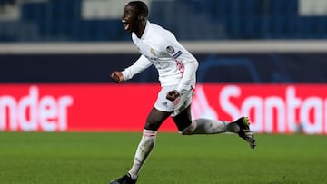 BERGAMO, ITALY - FEBRUARY 24: Ferland Mendy of Real Madrid celebrates after scoring their side&#039;s first goal during the UEFA Champions League Round of 16 match between Atalanta and Real Madrid at Gewiss Stadium on February 24, 2021 in Bergamo, Italy. 