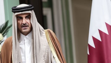 FILED - 12 January 2020, Iran, Tehran: Emir of Qatar Tamim bin Hamad Al Thani speaks during a joint press conference with Iranian President Hassan Rouhani (not pictured) after their meeting at Sa&#039;dabad Palace Complex. Emir of Qatar confirmed today, S