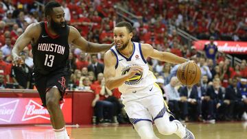 May 16, 2018; Houston, TX, USA; Golden State Warriors guard Stephen Curry (30) moves the ball against Houston Rockets guard James Harden (13) during the second half in game two of the Western conference finals of the 2018 NBA Playoffs at Toyota Center. Mandatory Credit: Thomas B. Shea-USA TODAY Sports