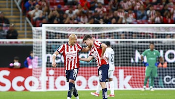 Javier Chicharito Hernandez and Mateo Chavez of Guadalajara during the round one second leg match between Guadalajara and Cibao FC as part of the CONCACAF Champions Cup 2025, at Akron Stadium on February 12, 2025 in Guadalajara, Jalisco, Mexico.